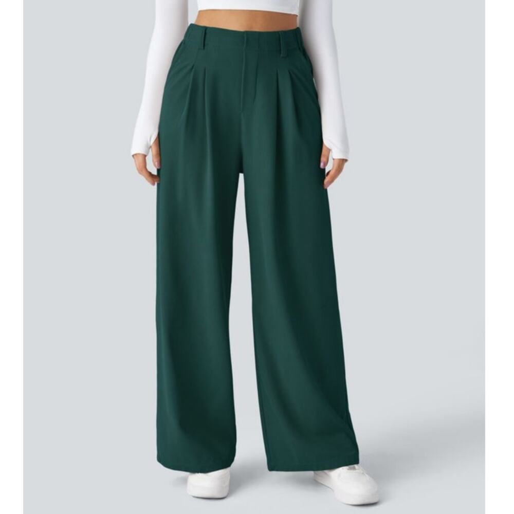 Halara Green Wide Leg Pants Flex High Waisted Large Pull On Baggy Flowy Boho